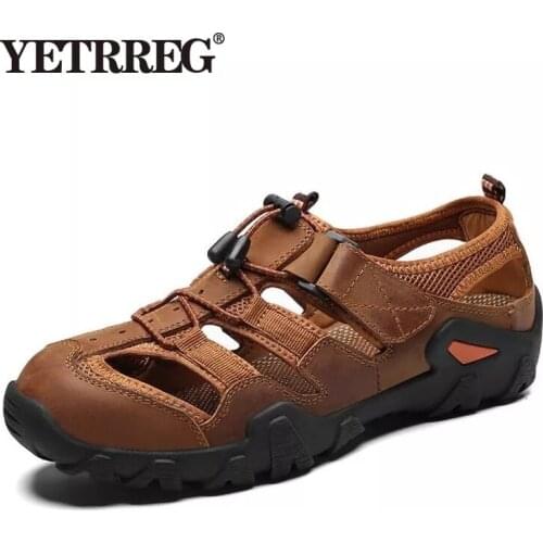 Men Cow Genuine Leather Sandals Outdoor 2019 Summer Handmade Men Shoes Men Breathable Casual Shoes Footwear Walking Sandals