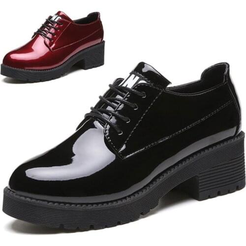LIHUAMAO patent leather square heel women oxford shoes lace up round toe platform ladies dress shoes footwear walking sneaker