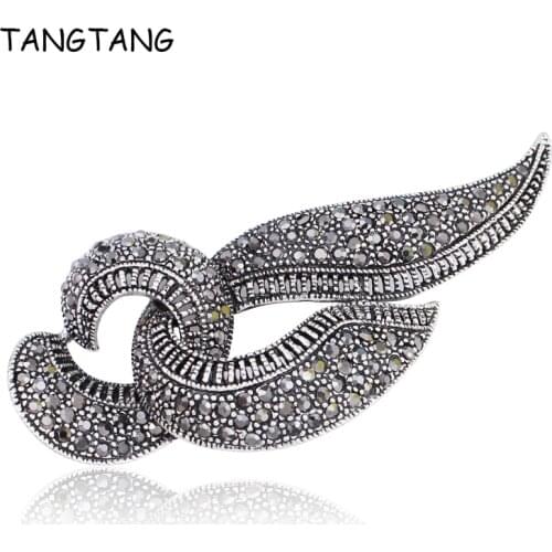 TANGTANG Antique Black Brooch For Women Men Knot Collar Pins Full Rhinestone Jewelry Generous Coat Brooch Sweater Accessory Pin