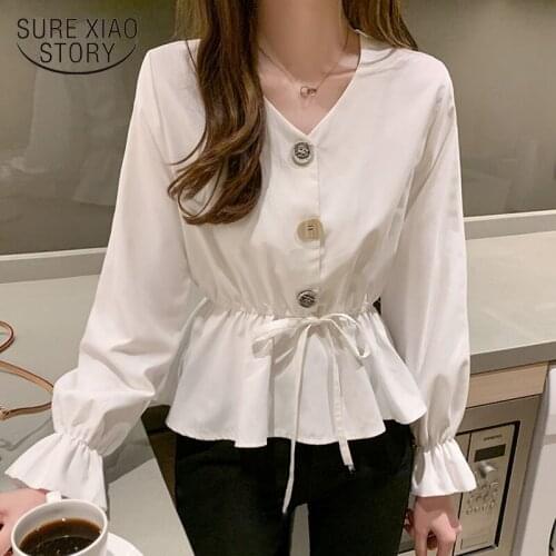 Vintage V-neck Flare Sleeve Chiffon Blouse Women Shirt Elegant Front Buttons Slim Waist Ruffles Female Blouse Blusas mujer 10568