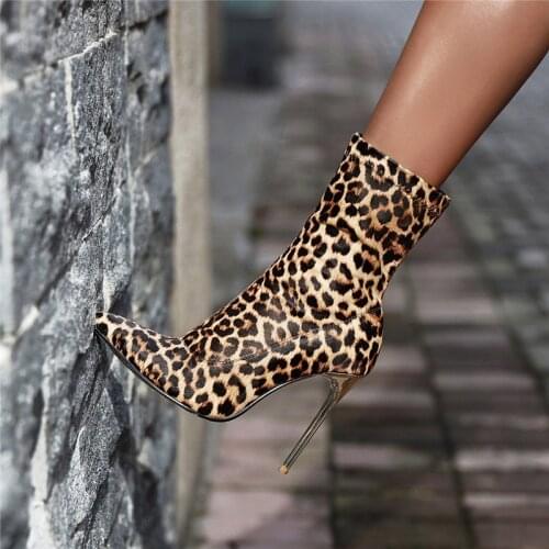 YMECHIC Autumn 2020 Sexy High Heels Stiletto Boots Leopard Print Elastic Sock Ankle Boots Pointed Toe Black Silver Womens Shoes