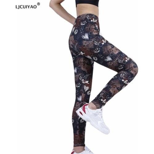 LJCUIYAO Fitness Leggings Femme Polyester Ankle-Length Breathable Pants Coffee Letters Love Print Women Push Up Casual Stretchy