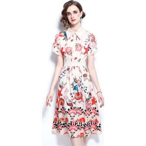 New Runway Designer Turn Down Collar Ruffles Short Sleeve Midi Dress 2021 Summer Floral Printed Shirt Dress k6760