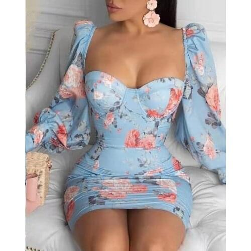 2021 Ninimour Summer Spring Ruched Lantern Sleeve Solid Bodycon Mini Dress Sexy Boho Elegant Square Neck Skinny Womens Cothing