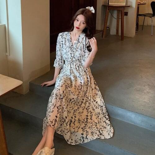 2021 new retro chiffon floral dress female summer new skirt temperament goddess high waist mid-length skirt trend