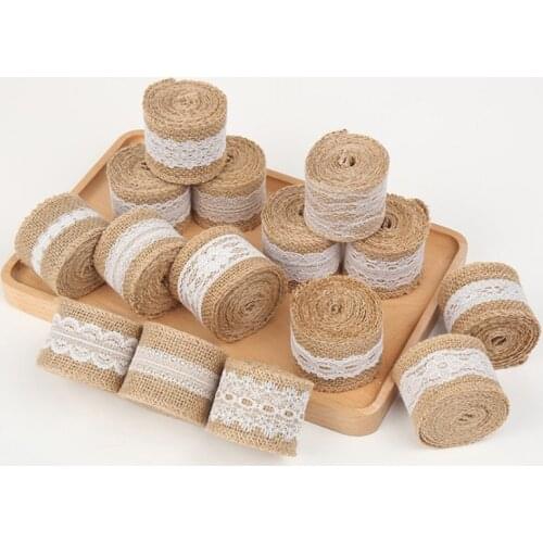 1M 5cm Natural Jute Rolls Gift Wrapping Burlap Hessian Ribbon With Lace Vintage Rustic Wedding Decor Party DIY Craft Supplies