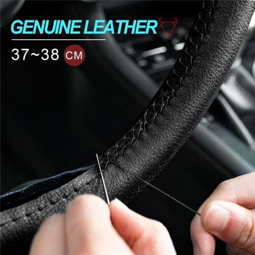 14.5" to 15" Genuine Leather DIY Steering Wheel Cover Soft Hand Sewing Punched With Needles Thread Car Interior Accessories