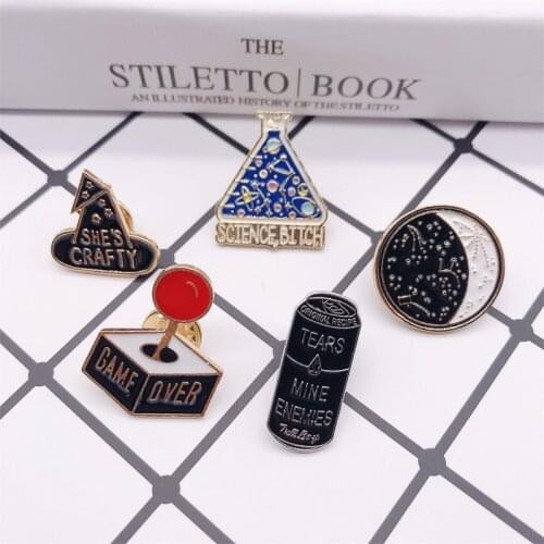 2019 Cartoon fashion GAME OVER bottle enamel pins SHES CRAFTY hat button badge brooches bag shirt jewelry trinket for friends