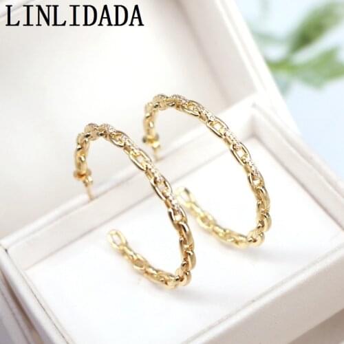 4Pairs CZ Micro Paved Link Chain Stud Earrings Jewelry Geometric Cubic Zircon Women New Gold Color Fashion Studs