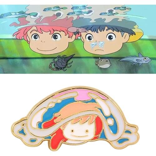 Ponyo on the Cliff Brooch Pin Cute Cartoon Action Figure Ponyo Fish Badge Brooch Collection Hayao Miyazaki Anime Fans Jewelry