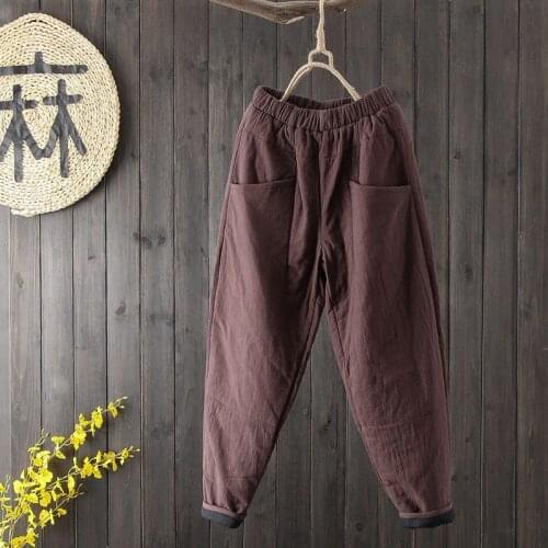 New Arrival Arts Style Autumn Winter Women Elastic Waist Loose Warm Cotton Pants Vintage Solid Cotton Linen Harem Pants S461