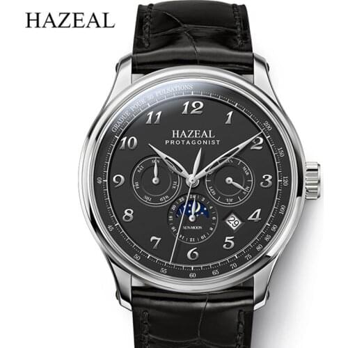 HAZEAL Top Brand Men Watches Moon Phase Calendar Mechanical Automatic Watch Genuine Leather Strap Sapphire Waterproof Watches
