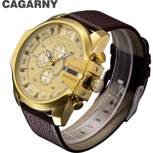 5.3cm Classic Big Case Quartz Watch For Men Waterproof Date Leather Strap Casual Mens Wrist Watches Golden Relogio Masculino
