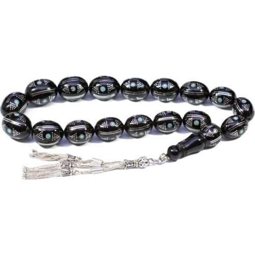 Black Raw Jet Stone Prayer Bead With Silver Tassel Men Rosary With Silver Inlay Islamic Tasbih With Turquoise Stone Embroidered