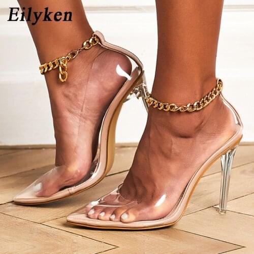 Eilyken PVC Transparent Pumps Sandal Clear Perspex Heel Metal Chain Stilettos High Heels Pointed Toe Womens Nightclub Party Shoe