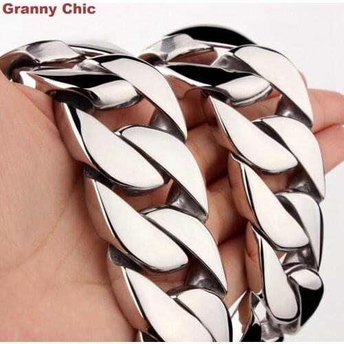 Granny Chic 9"-36" 31mm Jewelry Gift for Men Huge Bling Silver Stainless Steel Heavy Wide Curb Cuban Necklace Or Bracelet