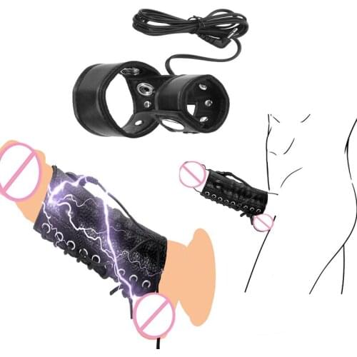 PU Leather Electro Shock Penis Rings Electric Stimulation Penis Extender Sex Toys For Male Masturbation Adjustable Cock Rings