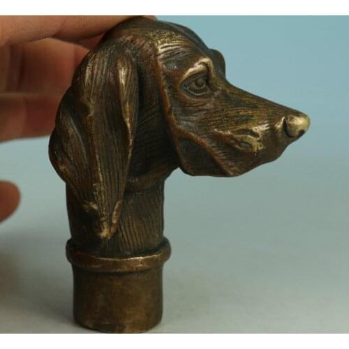 Fierce Chinese Old Bronze Hand Carved Dog Statue Walking Stick Head Collection Free shipping