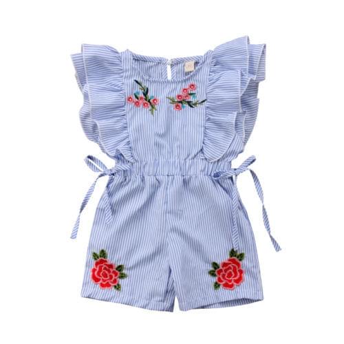 Fashion Cute Toddler Kids Baby Girl Flower Striped Ruffle Romper Embroidery Flower Summer Blue Lace-up Jumpsuit Clothes
