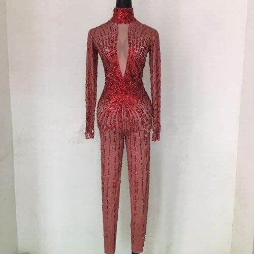 Fashion Sexy Red Crystals Bodysuit Nightclub Show RomperStage Dance Wear Rhinestones Jumpsuit Costume Female Singer Wear