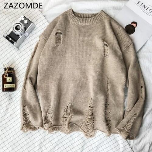 ZAZOMDE Winter Warm Men Round neck Sweaters Solid Color Tops Casual Knitter Pullover Harajuku Male Hip hop street hole Sweater