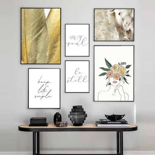 Flower Woman Line Wall Art Canvas Painting Nordic inspiring Quote Feather Poster Prints Wall Pictures For Living Home Decor
