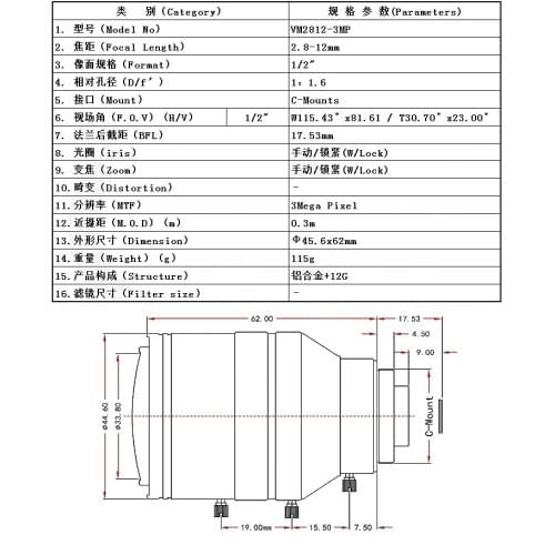 Machine vision 2.8-12mm industrial lens 1/2 inch HD F1.6 zoom low distortion C-port CCTV lens