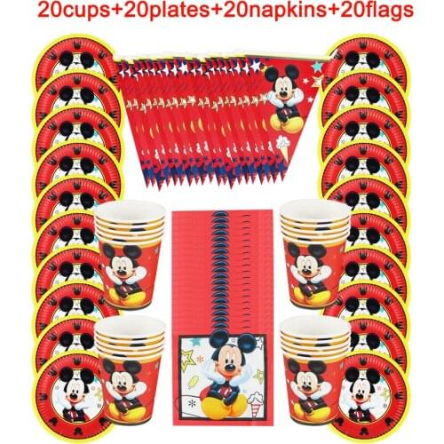 80pcs/Lot Disposable Tableware Red Mickey Mouse Birthday Party Paper Cups +Plates+Napkins+Flags Sets Party Supplies For 20 Kids