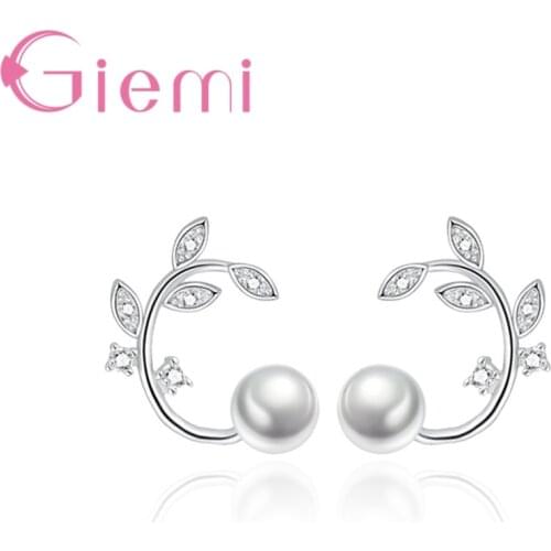 Luxury Pearl Stud Earrings Women 925 Sterling Silver Trendy Leaf Clear Zircon Jewelry for Wedding Party Crystal Brincos
