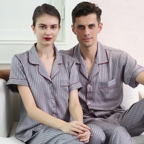 Couple Silk Pajamas Short Sleeve Sleepwear Top Pant Nightwear Womens Minimalist Stripe Silk Homewear 2pcs Plus Size D-2171