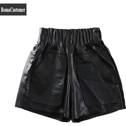 Wide Leg Shorts Womens 2021 Autumn New Sheepskin Fashion Black Street Korean Elastic Waist Female Elegant Solid Casual Shorts