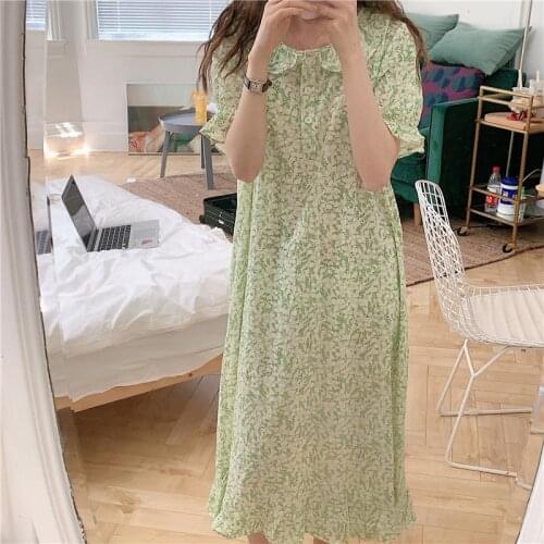 Vintage Floral Printed Summer Nightgown Women O-Neck Short Sleeve Casual Cotton Long Sleepwear Ins Home Clothes Homewear