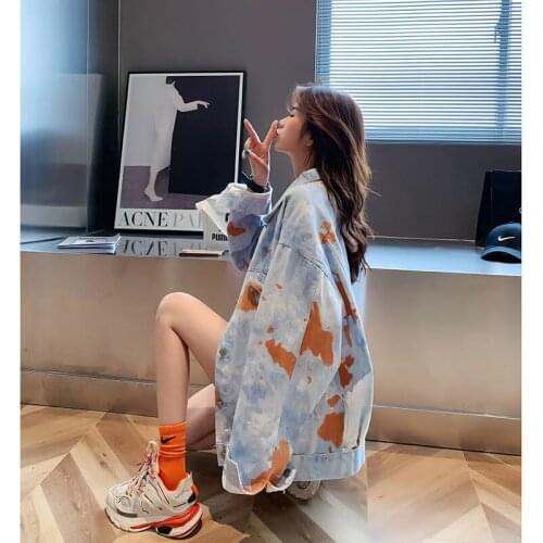 Vintage streetwear tie-dye loose long sleeve denim jacket women clothes Autumn Single-breasted coats female outerwear