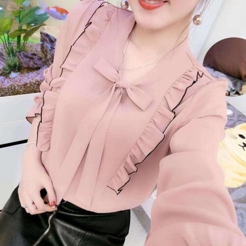 Women Spring Summer Style Chiffon Blouses Shirts Lady Casual Long Sleeve Ruffles Decor Bow Tie Collar Blusas Tops DD8828