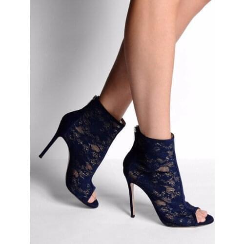 Beautiful blue lace flower ankle boots sexy open toe high heel boots for woman high quality gladiator boots summer