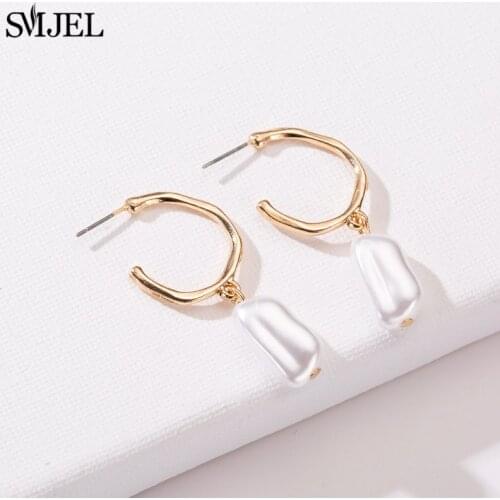 SMJEL Korea Design Drop Pearl Earrings 2019 Gold Metal Geometric Circle Round Irregular Simulated Pearl Dangle Earring for Women