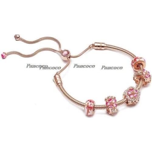 925 Sterling Silver Beaded Bracelet Openwork Radiant Mix Enamel Rose Peach Blossom Bangle For Women Wedding Fashion Jewelry