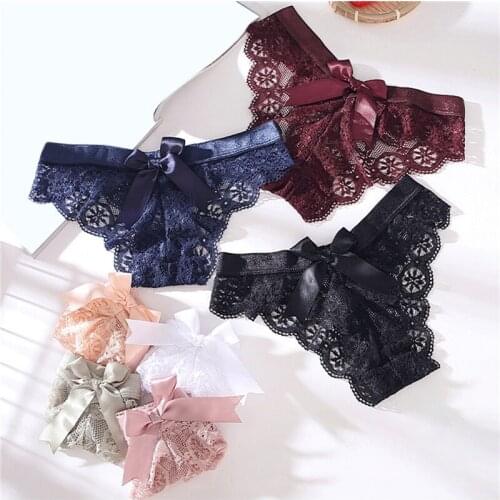 Ladies Lingerie G String Lace Underwear Female Bow Sexy T-Back Thong Lady Transparent Low Waist Panties