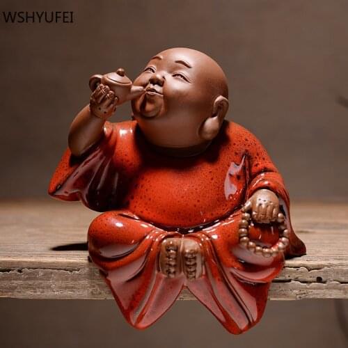 1 pc Chinese Style Buddhism Maitreya Laughing Buddha Statue Purple Clay Home Decoration Living Room Desktop Ornaments Crafts
