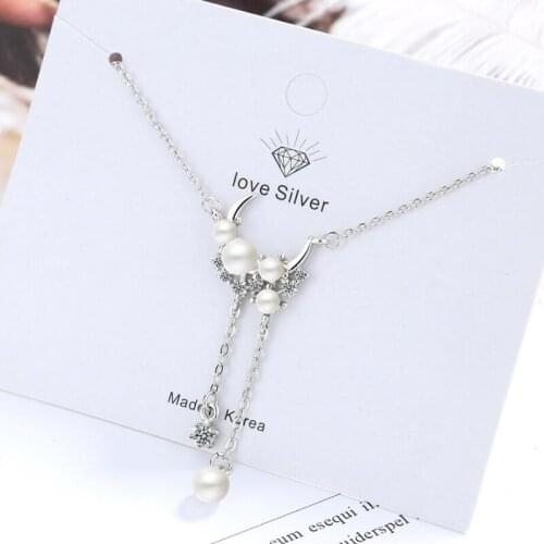 2020 Popular 925 Sterling Silver Necklace Women Jewelry Elegant Pearl Moon Tassel Necklaces Girl Valentines Day Gifts KOFSAC