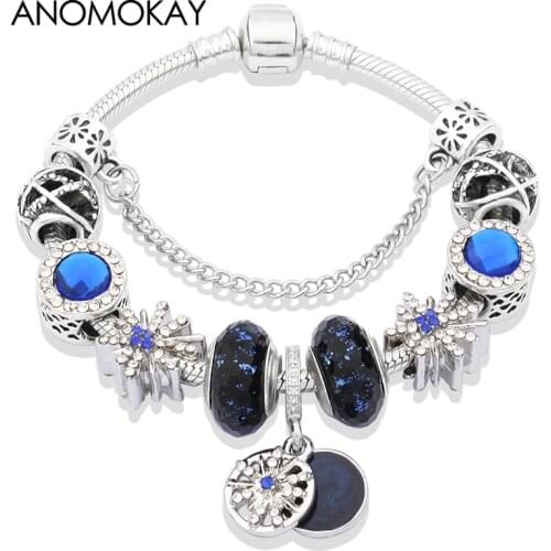Starry Night Charm Bracelet Royal Blue Crystal Diy Bead Bracelet Silver Plated Snowflake Ball Handmade Bracelet Gift for Men