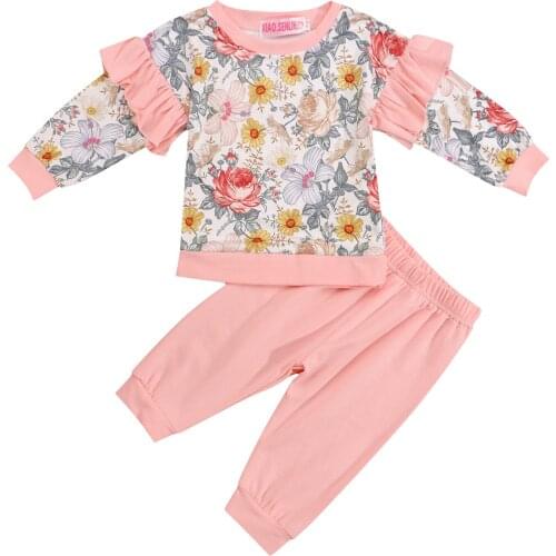 2021 0-4Y Sweet Kids Baby Girl Clothes Set Floral Print Ruffle Sleeve O Neck Sweatshirt+Pink Solid Pants Spring Autumn 2pcs Set