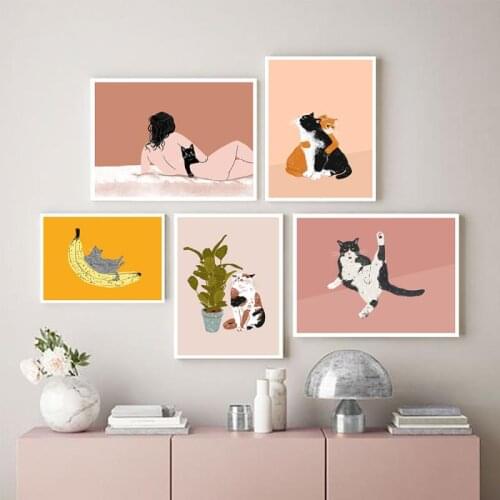 Bohemian Cute Black Cat Art Posters and Prints Nordic Modern Aesthetic Canvas Painting Home Decor Bedroom Pink Pictures No Frame