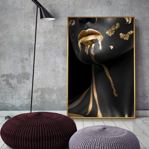 Beautiful Golden Black Lady Golden Canvas Painting Fashion Poster Print for Living Room Bedroom HD Wall Art Cuadros Decoracion