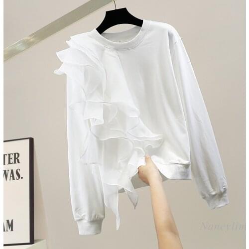 Fashion Irregular Layered Chiffon Ruffled Stitching Solid Color Long-Sleeved Sweatshirt Womens Pullovers Top Femme White Black