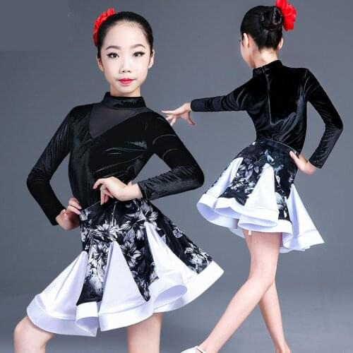 New Girls Printing Ballroom And Latin Dance Dresses For Sale Cha Cha Rumba Samba Jive Long Sleeves Children Teen Latino Dress