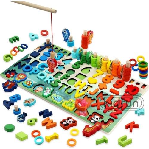 Montessori Educational Wooden Toys Children Busy Board Math Fishing Childrens Wooden Preschool Montessori Toy Counting Geometry