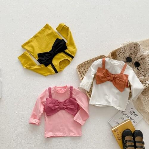 2021 autumn fake two-piece girls' T-shirt knitted cotton bow childrens long sleeve bottomed shirt Korean childrens clothing