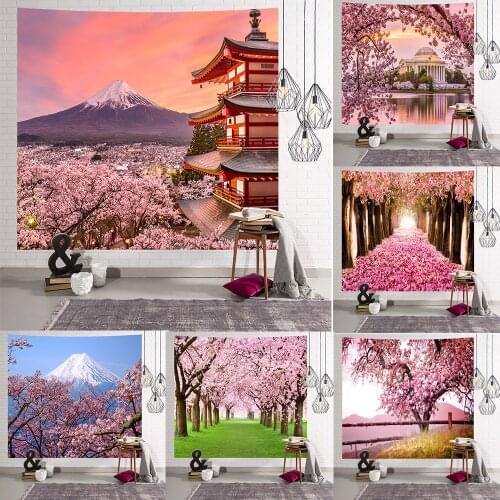 Japanese-style Fujiyama Sakura Printed Hanging Tapestry Polyester Fabric Wall Hanging Tapestries Boho Bedspread Yoga Mat Blanket