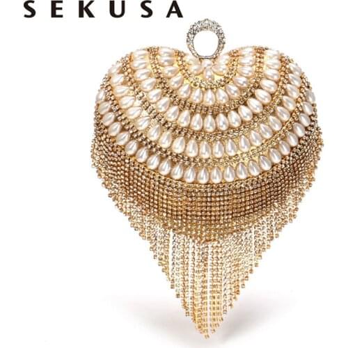 SEKUSA Heart Design Women Day Small Clutches Finger Ring Metal Diamonds Elegant Evening Bags With Handle Beaded Tassel Purse